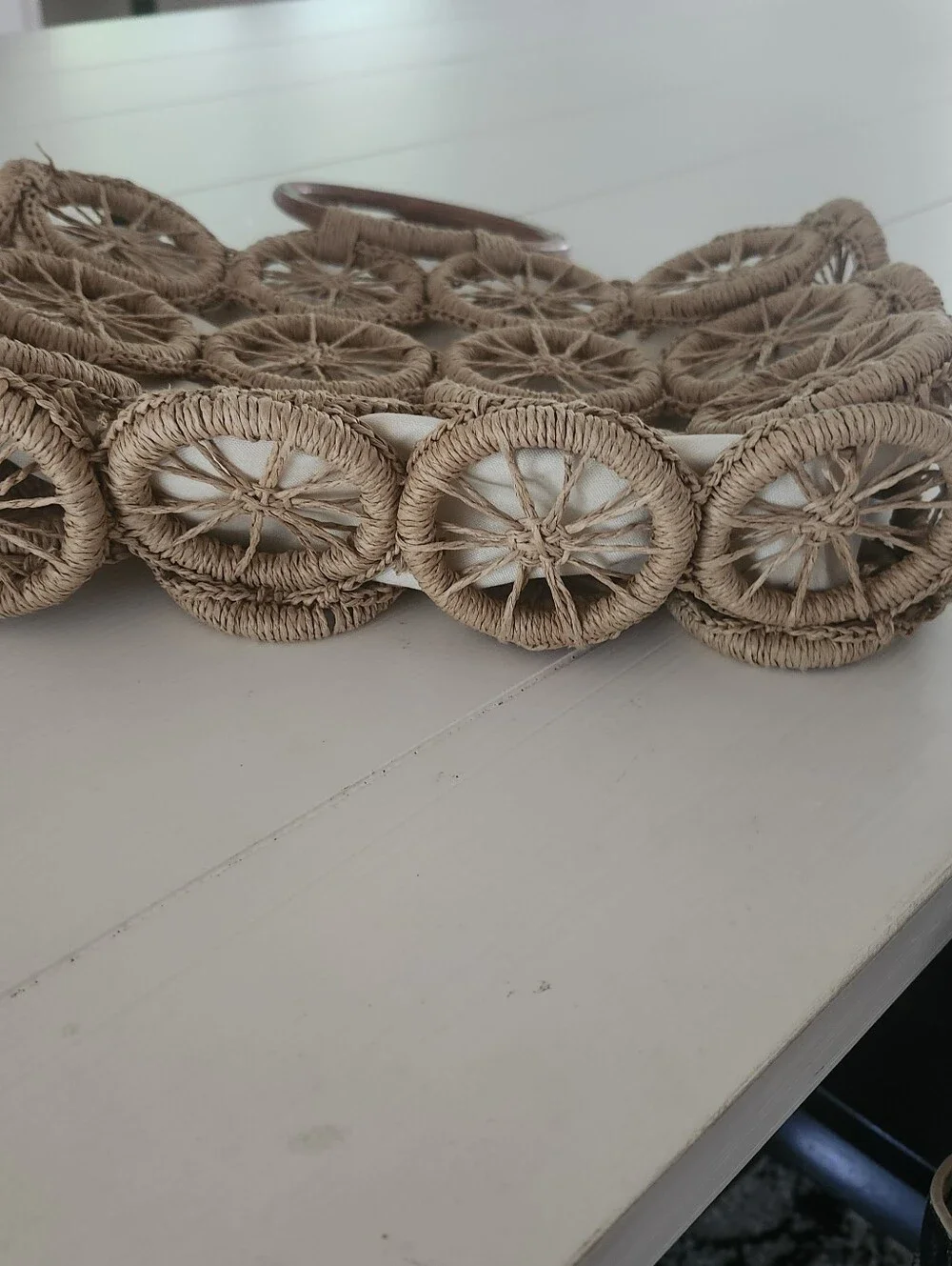 Source Unknown Natural Straw Circle-Pattern Tote with Wooden Handles